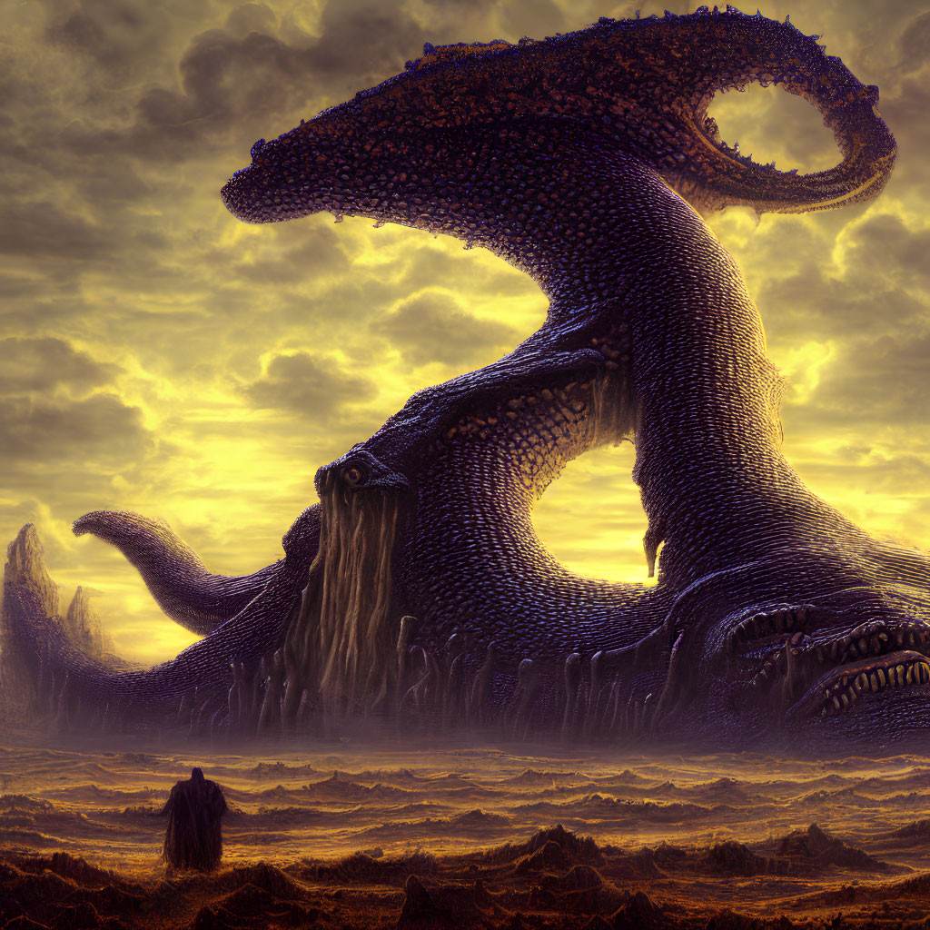 Gigantic tentacled creature in barren landscape with lone observer