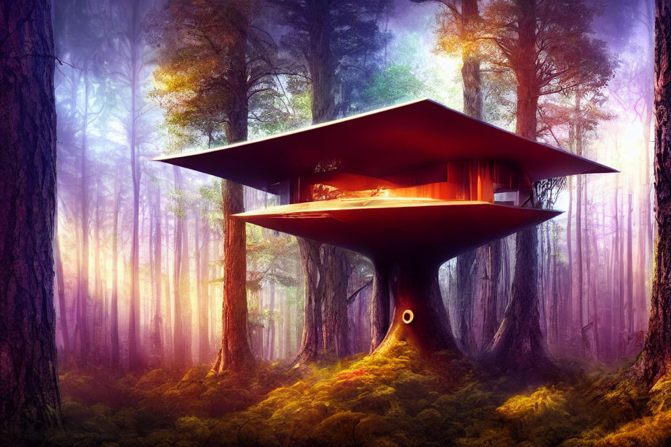Futuristic design treehouse in enchanted forest with warm sunlight