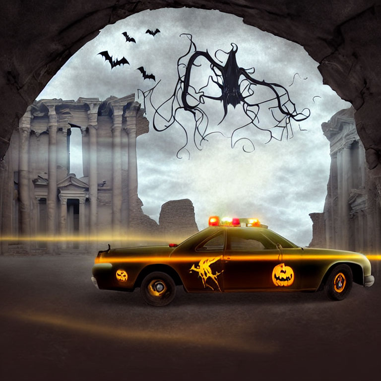 Spooky Halloween police car with pumpkin decorations and ghostly figure