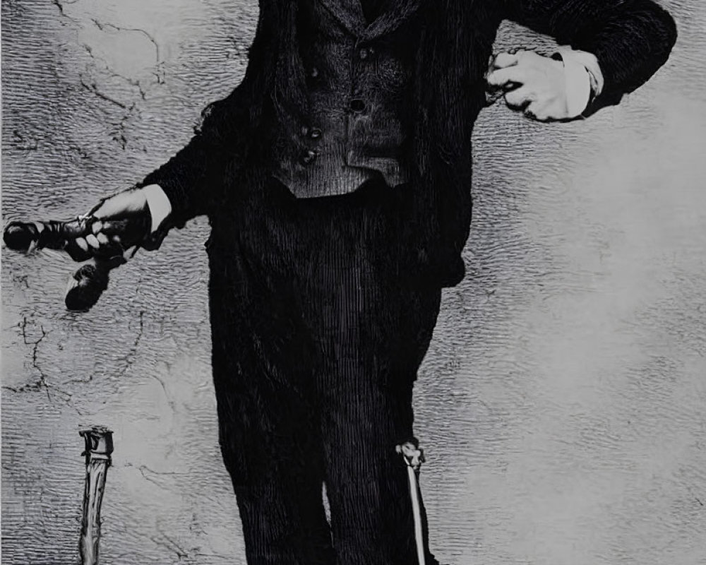 Monochrome image of man in vintage attire with bowler hat, mustache, and cane