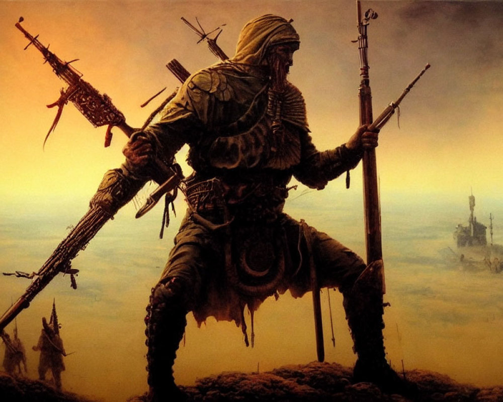 Post-apocalyptic warrior armed with rifle and spear in desolate landscape.