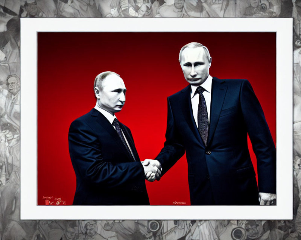 Identical figures shaking hands on red background with sketched figures.
