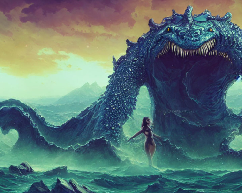 Gigantic blue sea dragon and woman on rocky shore