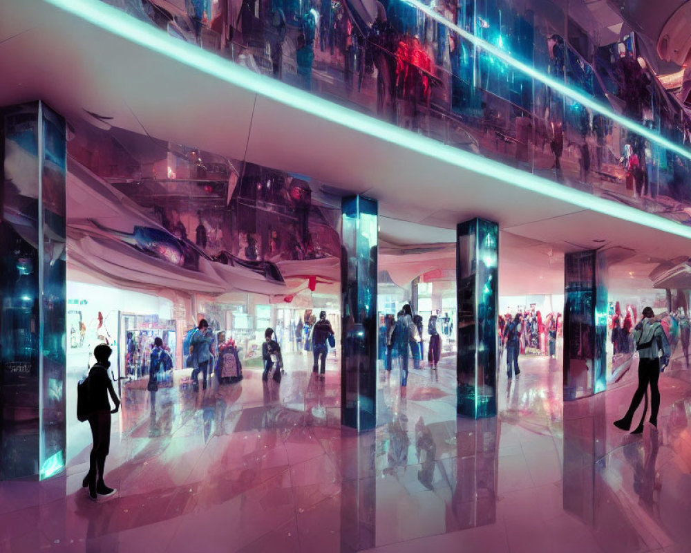 Neon-lit futuristic mall interior with reflective surfaces and vibrant atmosphere