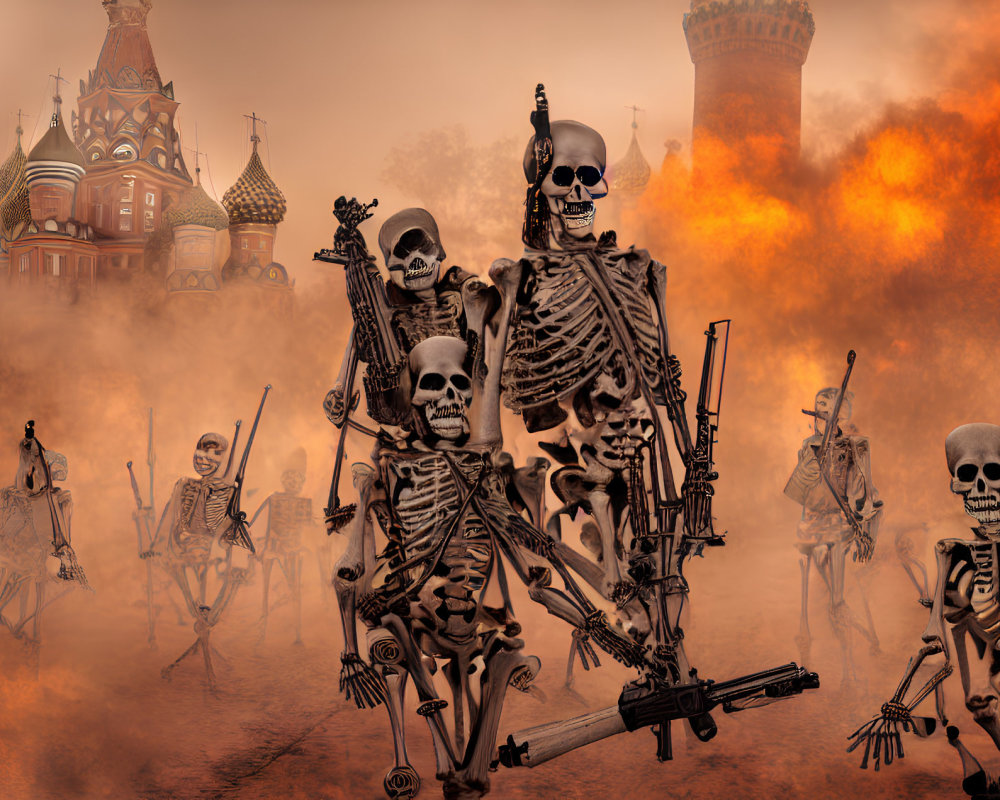 Surreal battlefield with armed skeletons and Moscow's Saint Basil's Cathedral