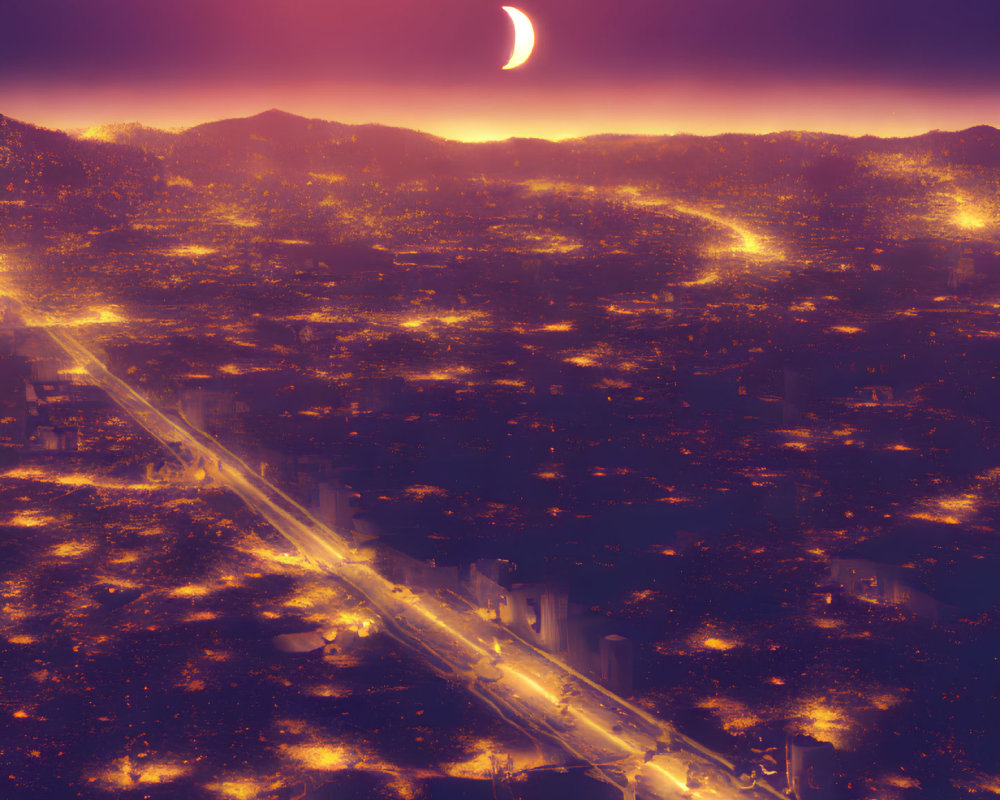 Cityscape at Night: Purple Hues, Illuminated Roads, Crescent Moon