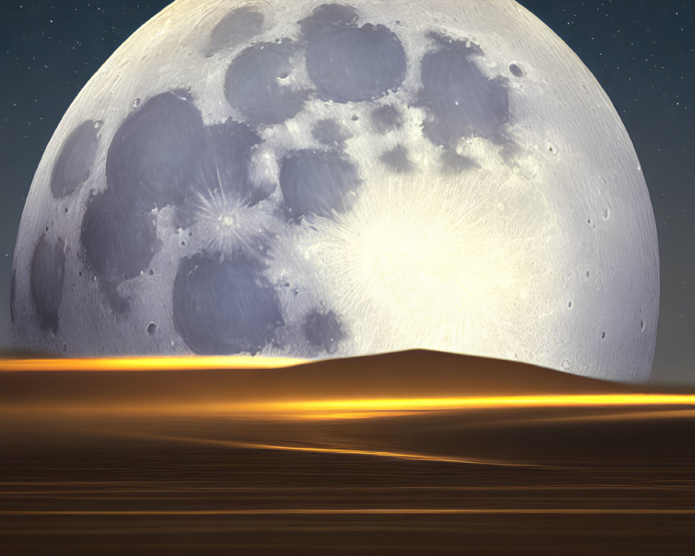 Detailed alien night sky with large moon over barren golden landscape