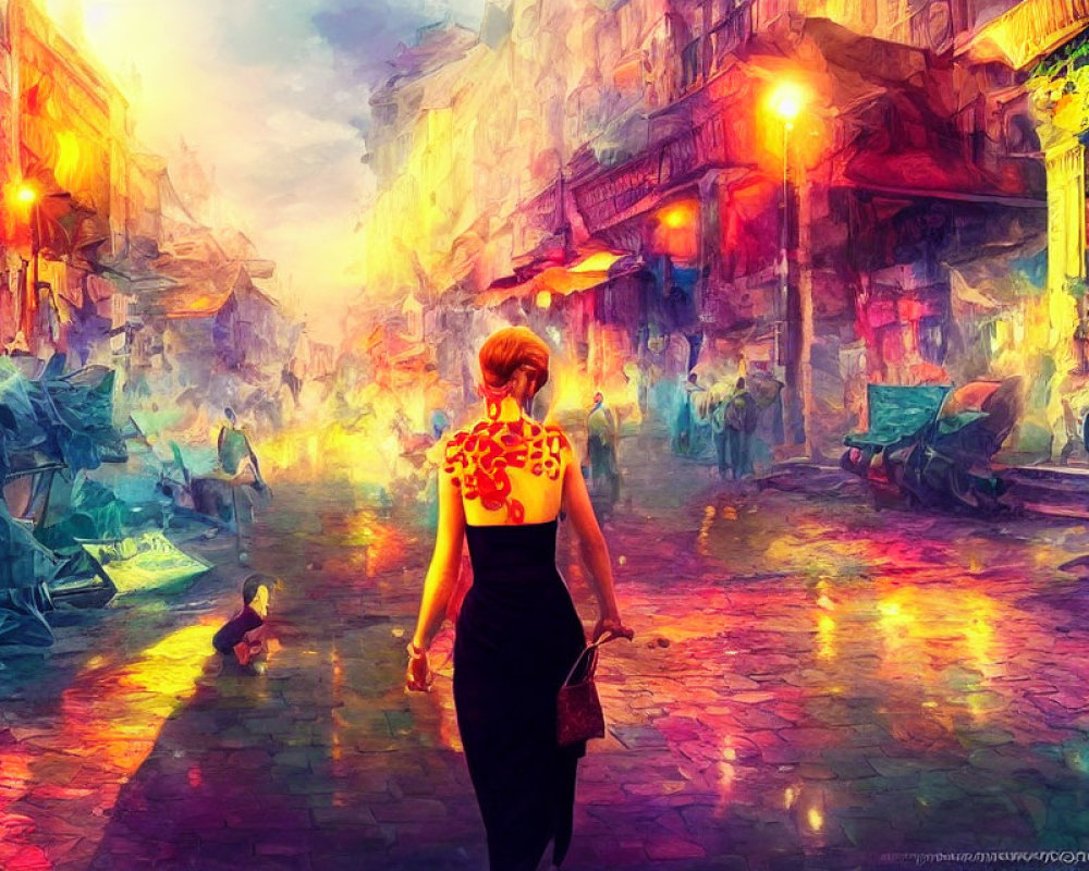 Woman in Black Dress with Red Design Walking Down Colorful Street in Sunlight