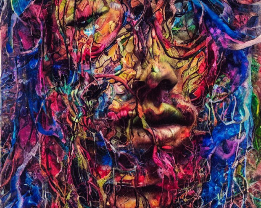 Colorful abstract painting of human face with vivid, chaotic textures