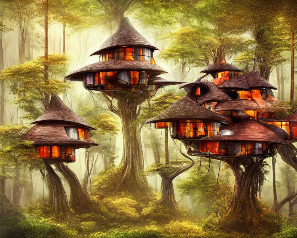 Enchanting forest with fantasy treehouses and glowing lights