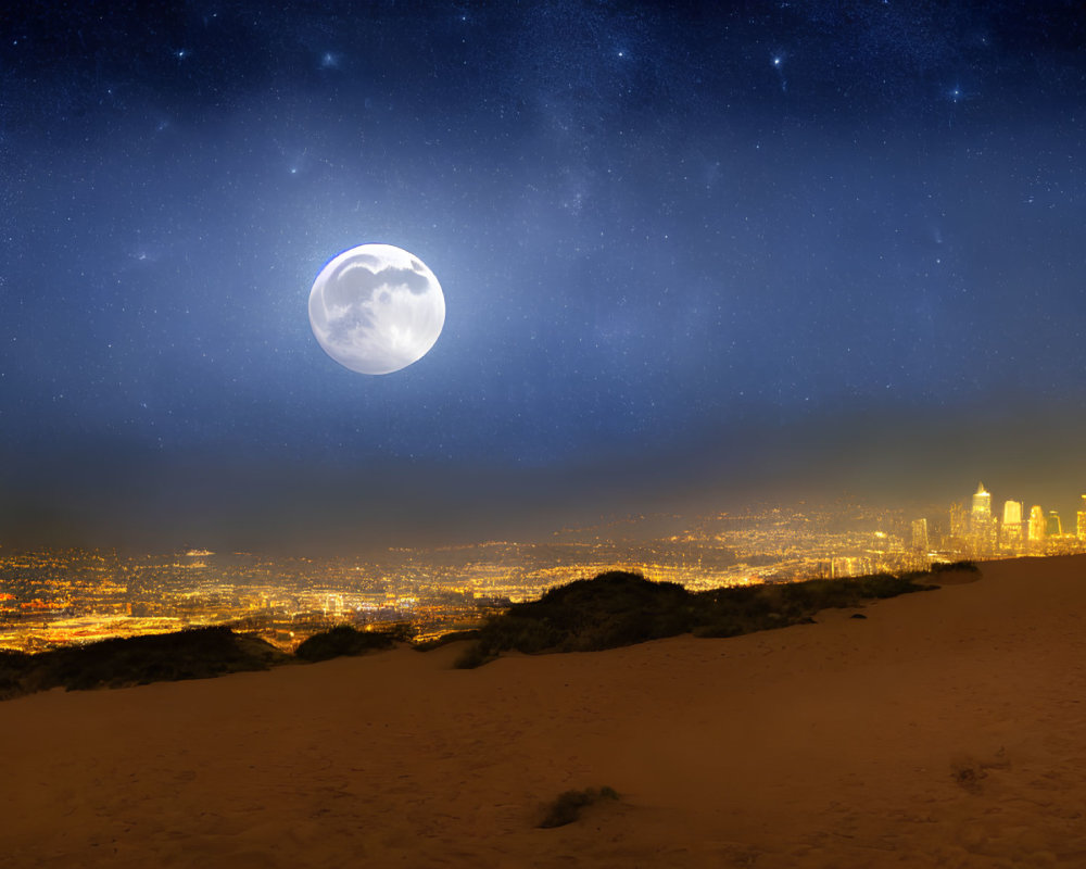 Cityscape under starry sky with large moon from sand dunes
