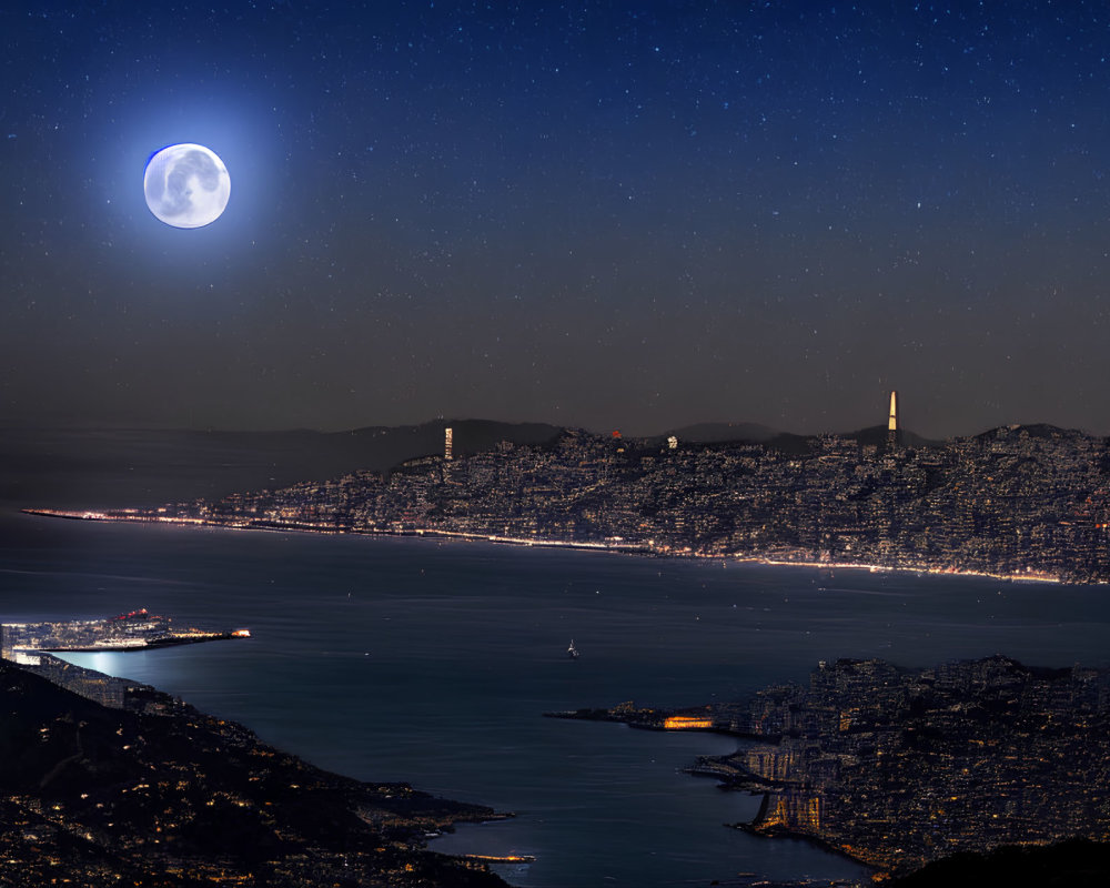 Nighttime Cityscape: Coast Lights, Full Moon, Stars