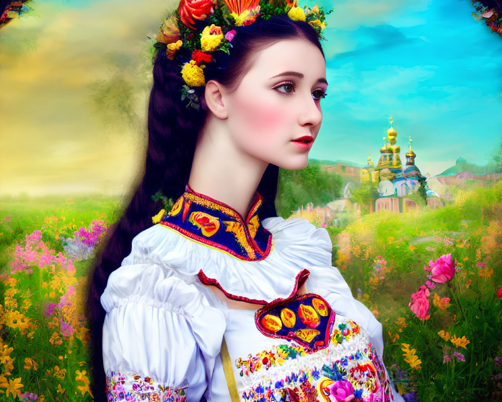 Traditional Ukrainian woman in floral headpiece against church landscape