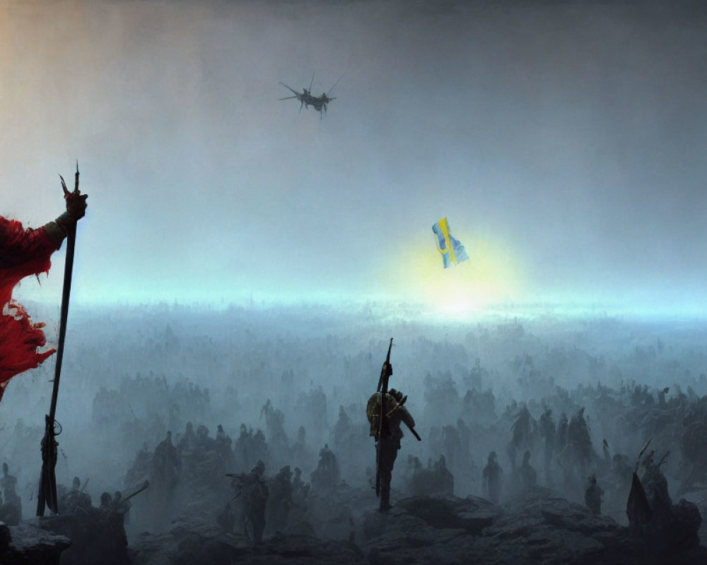 Fantasy battlefield with warriors, commanding figure, mystical light, hovering craft in smoky landscape