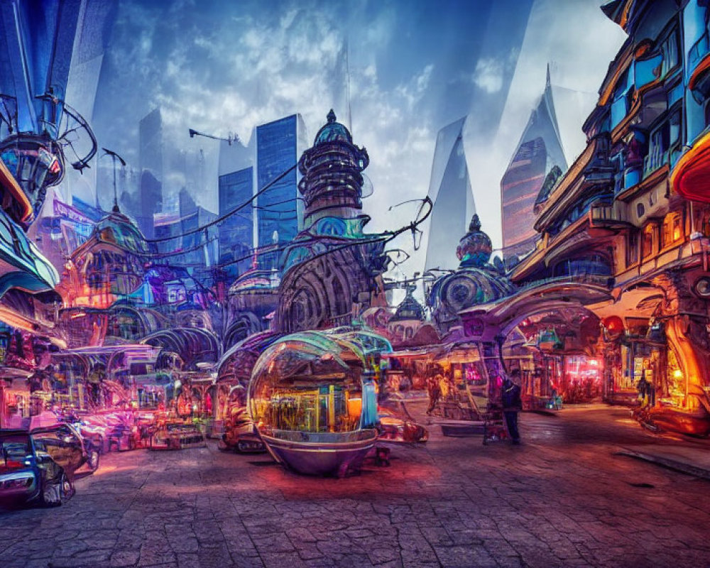 Futuristic cityscape with neon lights and flying vehicles