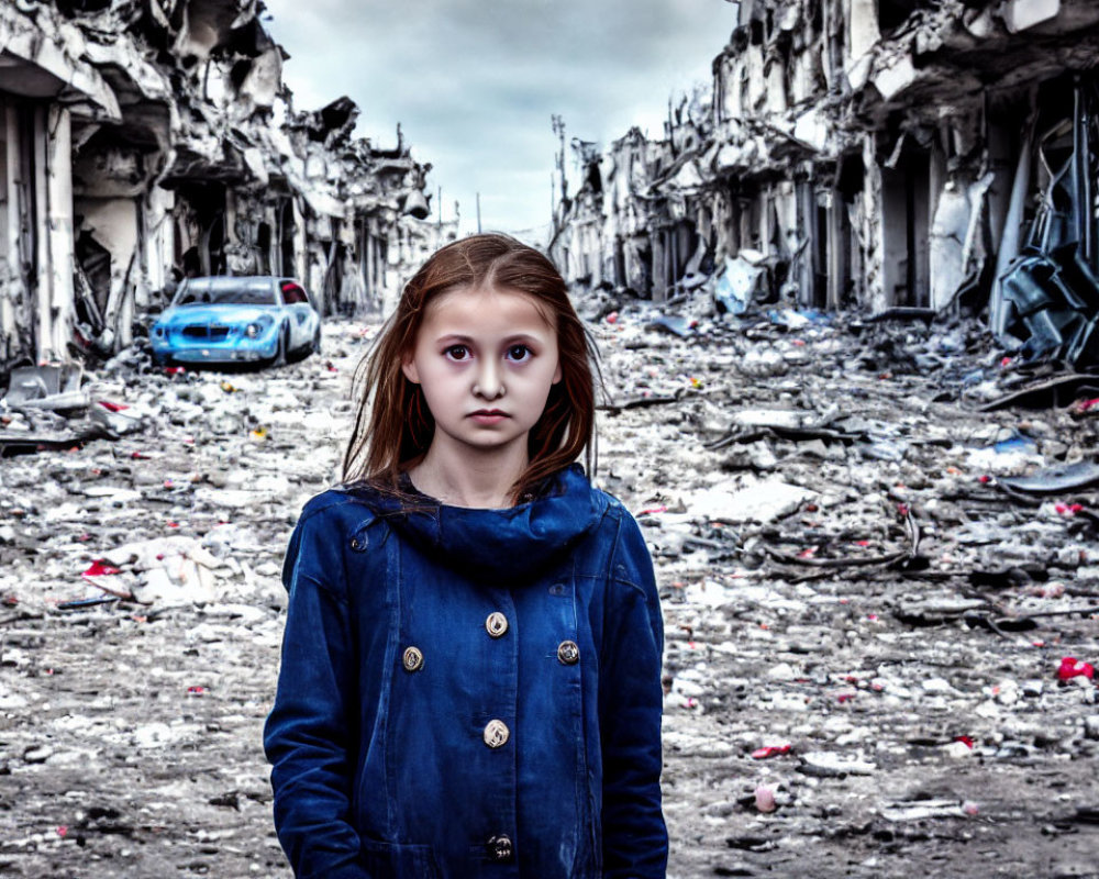 Young girl in blue jacket amidst desolate street ruins