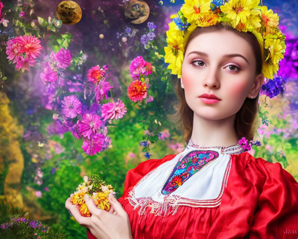 Traditional red outfit woman with flower wreath and bouquet against vibrant floral and celestial background