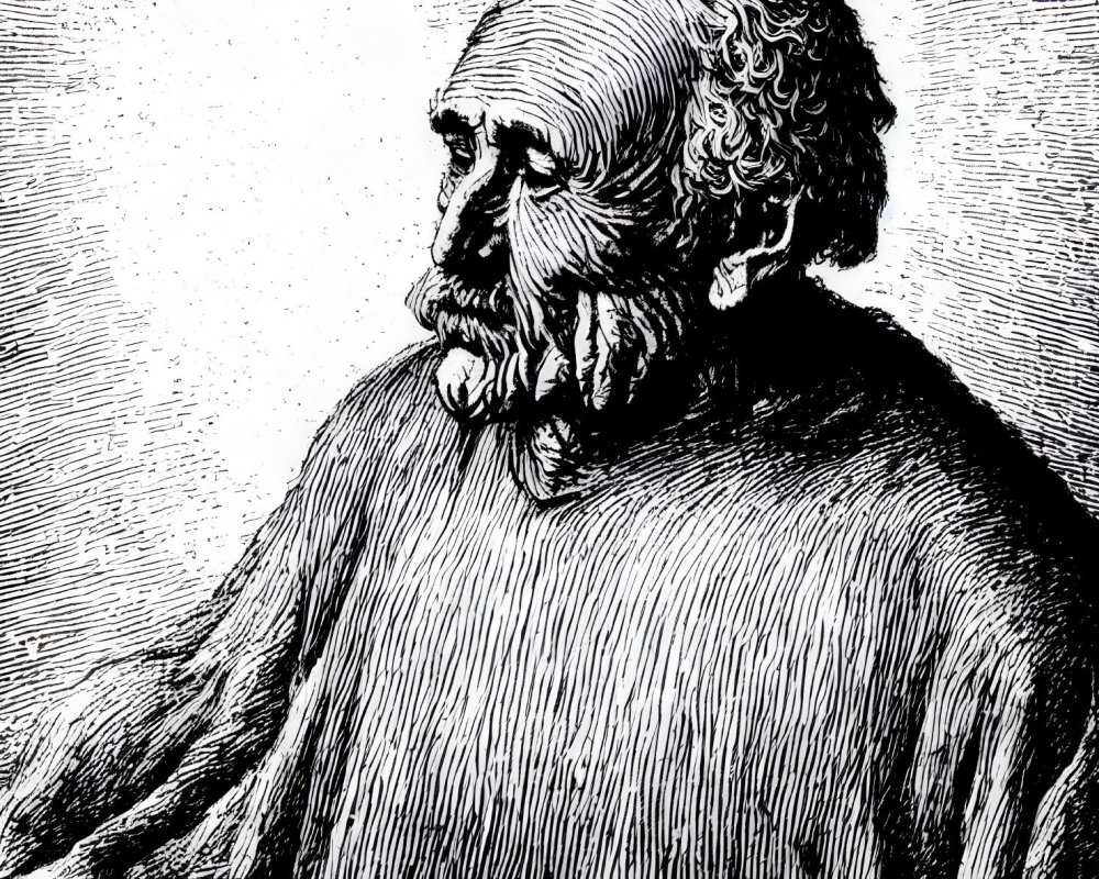 Engraved profile portrait of elderly bearded man in draped clothing
