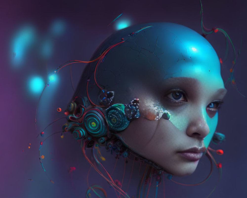Surreal humanoid portrait with glossy turquoise head and intricate mechanical details.