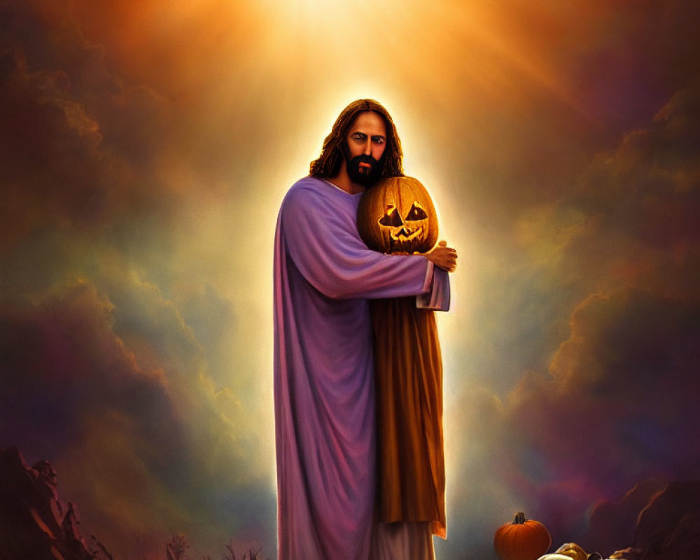 Person in Purple and Gold Robes with Carved Pumpkin and Glowing Sun