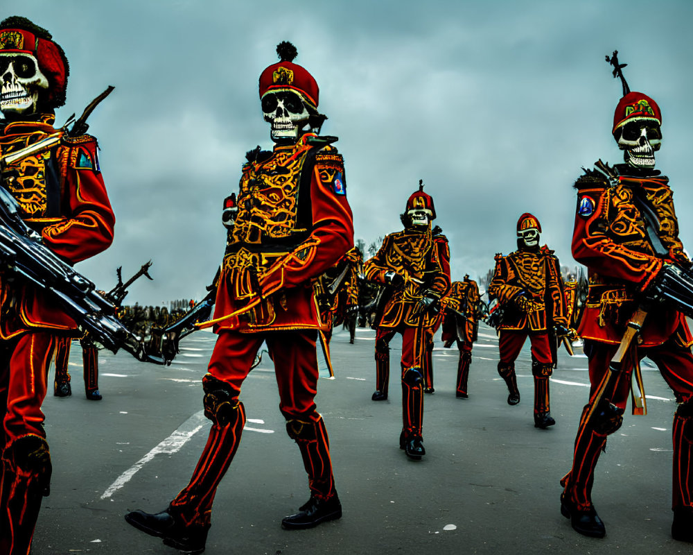 Skeleton and military uniform performers parade under overcast skies
