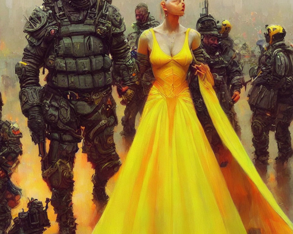 Woman in Yellow Dress Stands Out Among Armored Soldiers in Dystopian Scene