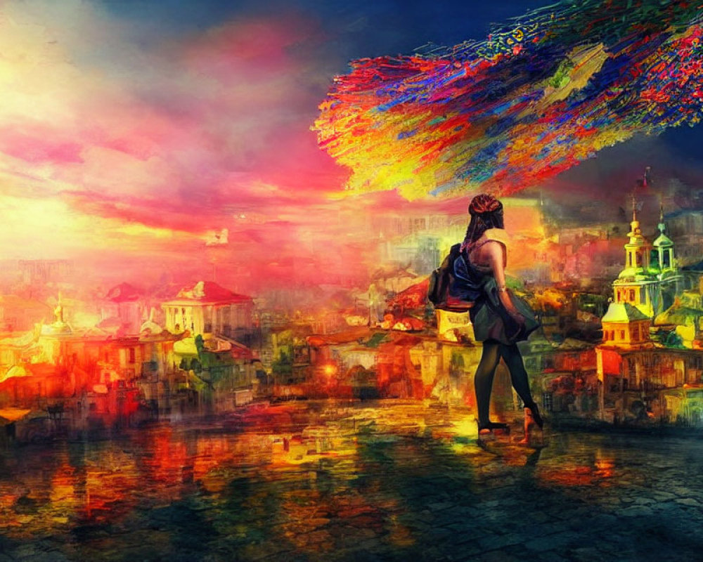 Backpacker admires vibrant abstract cityscape at sunset
