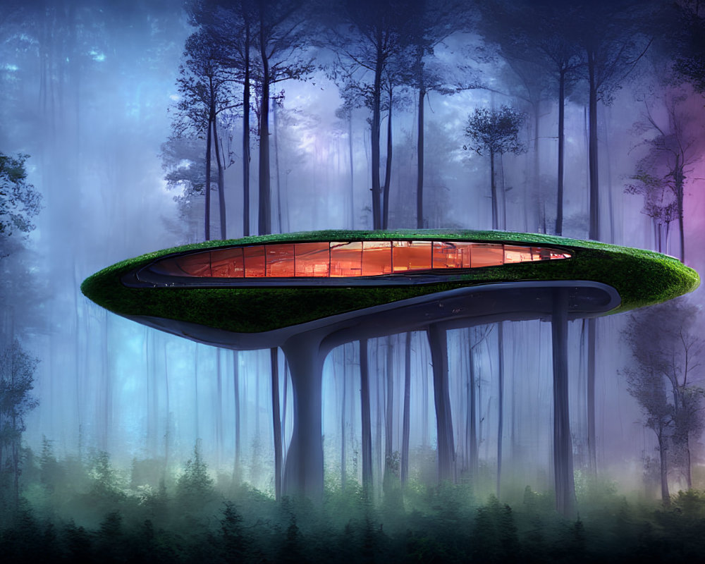 Futuristic glowing treehouse in misty forest with colorful lighting