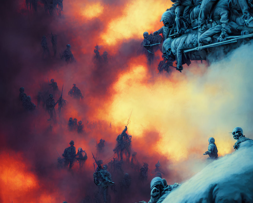 Fantasy battle scene with soldiers in heavy armor amidst fiery landscape
