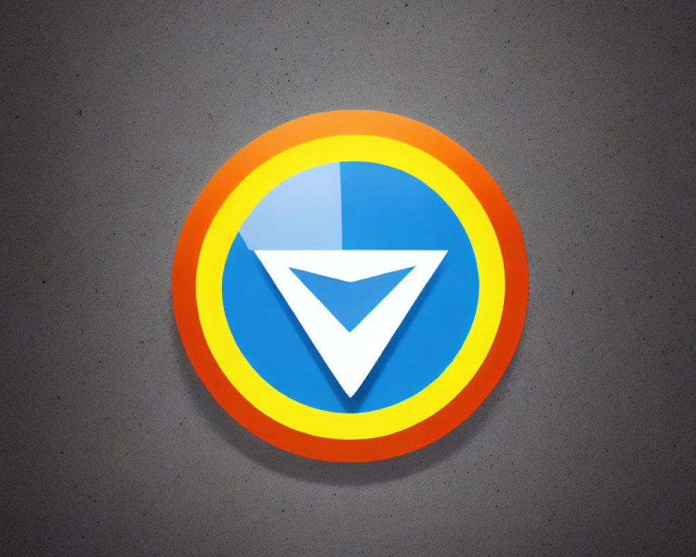 Circular emblem with blue downward arrow on grey background