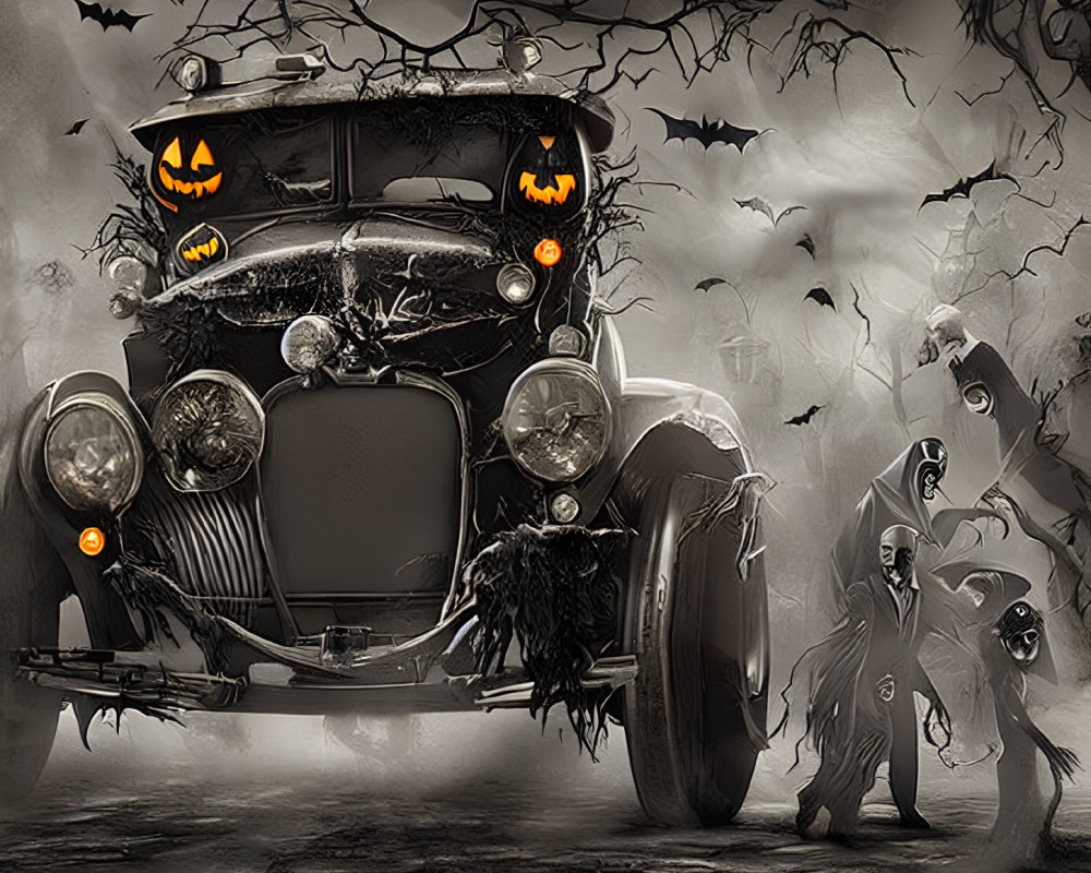 Vintage car with jack-o'-lanterns and bats, ghosts in misty scene