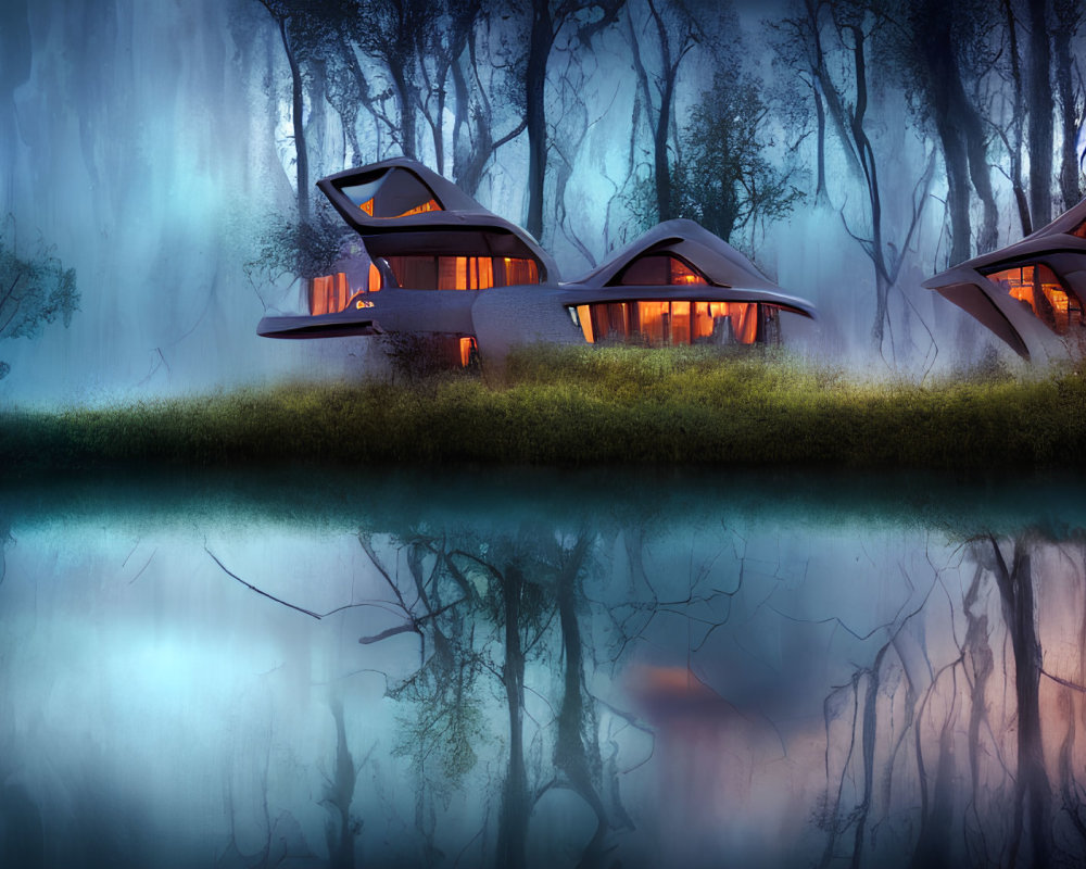 Futuristic Glowing Houses by Tranquil Lake and Blue Forest