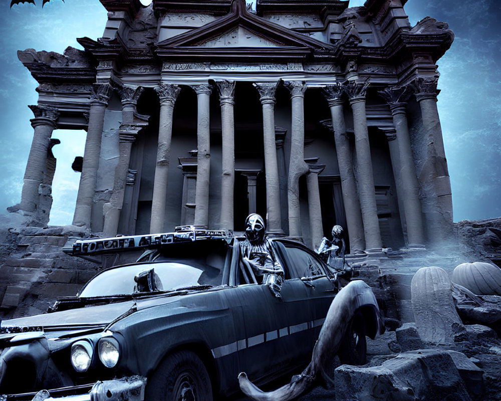 Gothic scene: skeletons in hearse at ancient temple with flying bats