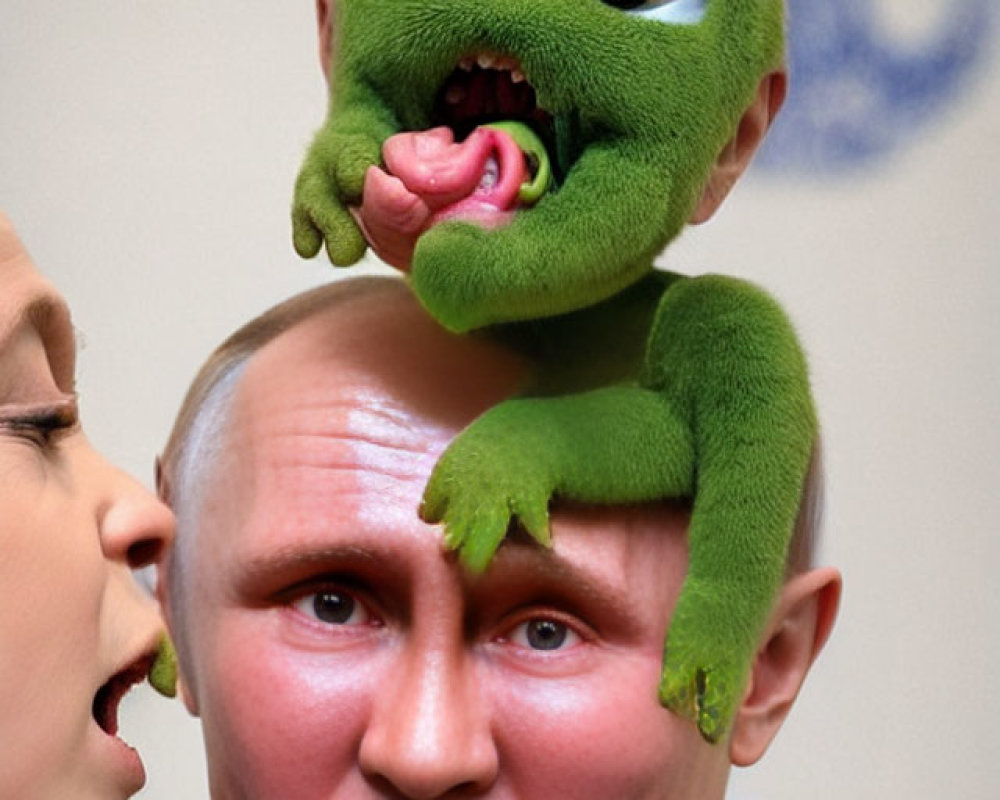 Surreal image of person with green creature on head interacting with another person's face