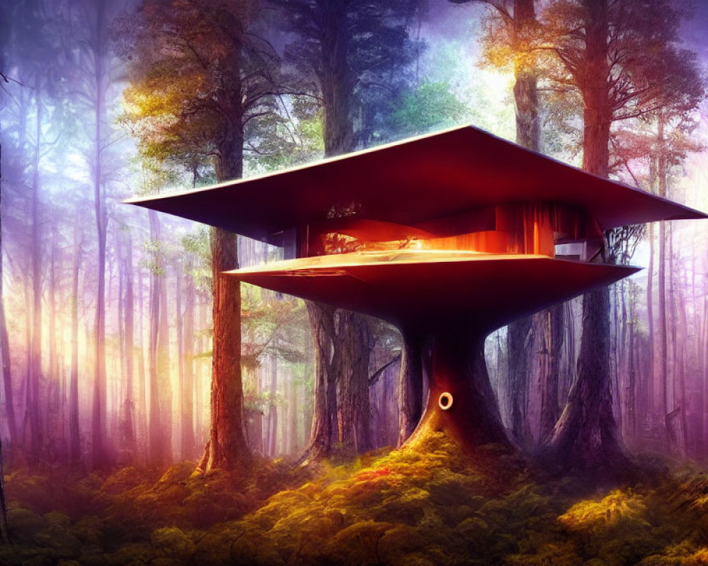 Futuristic design treehouse in enchanted forest with warm sunlight