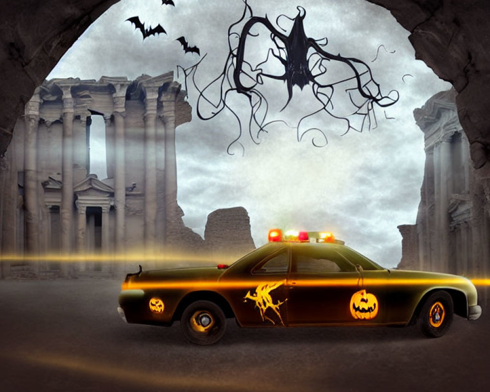 Spooky Halloween police car with pumpkin decorations and ghostly figure