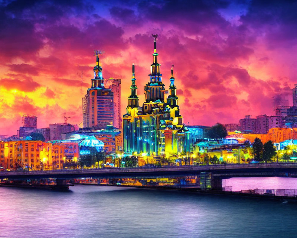 Colorful Dusk Cityscape with Modern and Traditional Buildings