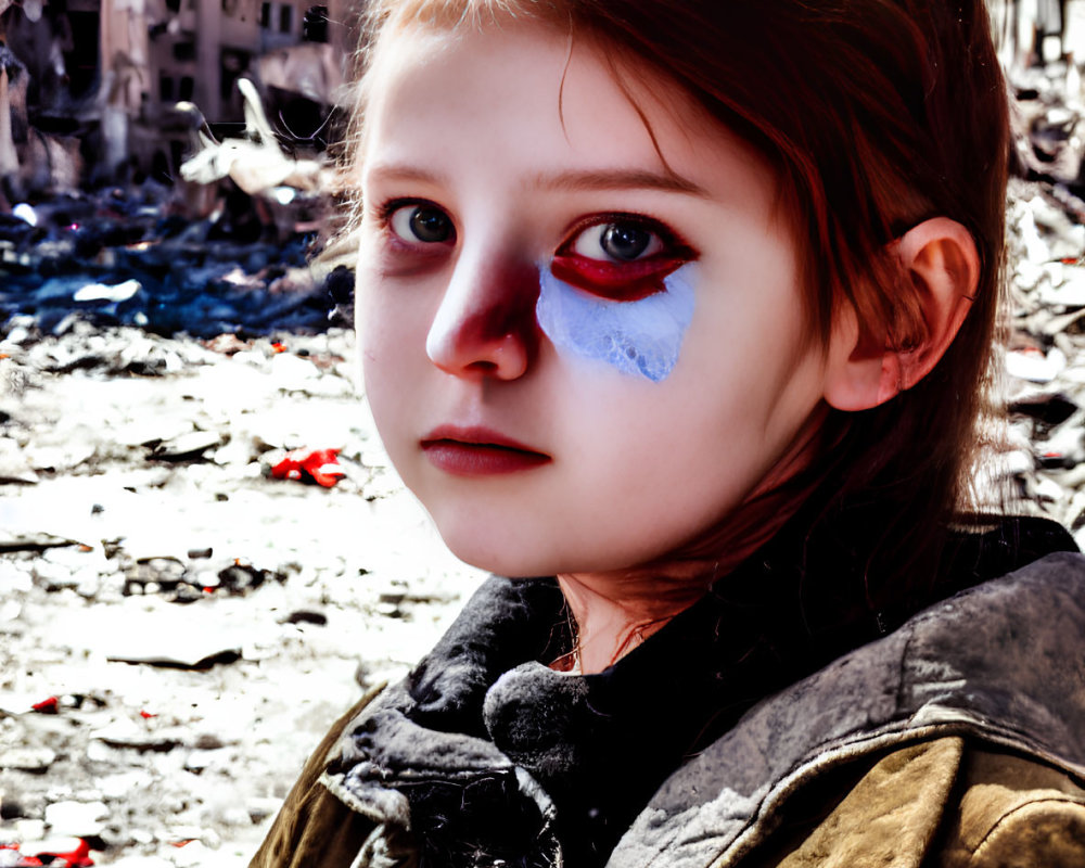 Young girl with painted face against backdrop of destroyed buildings