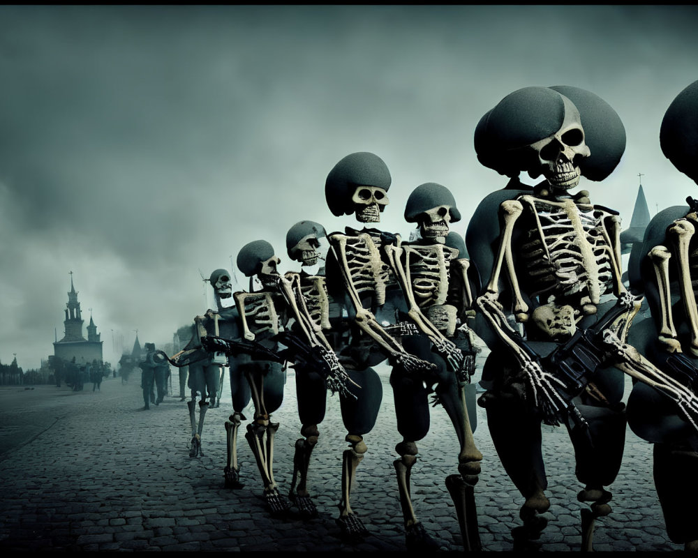 Skeleton Figures in Colonial Attire Marching with Rifles in Old Town