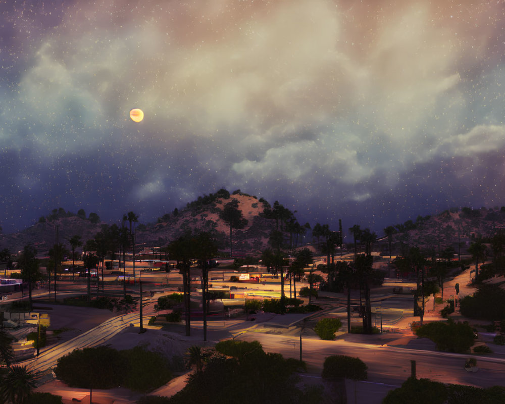 Starry night sky over town with palm trees and glowing moon.