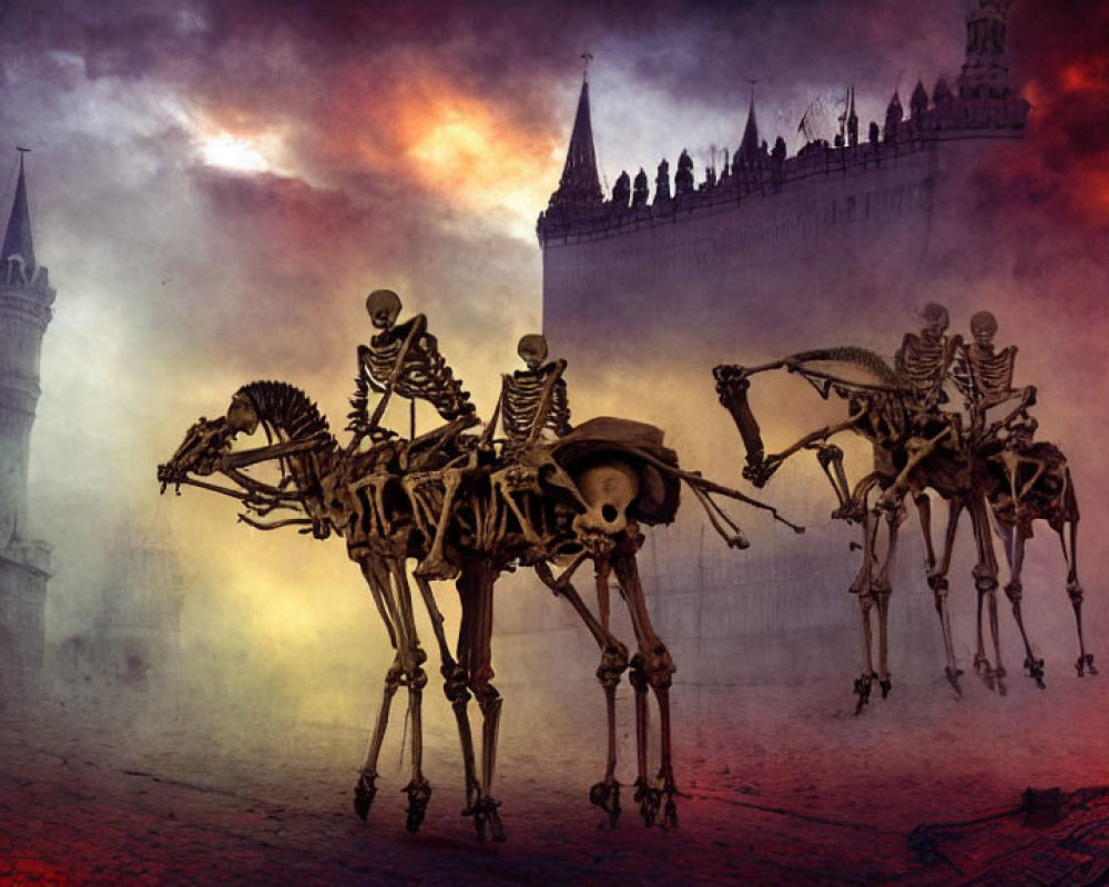 Three skeleton warriors on horseback in medieval town under fiery sky