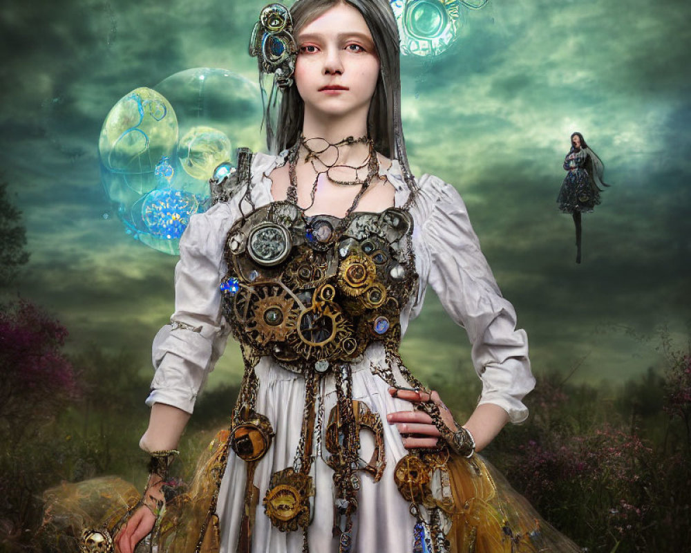 Steampunk woman with cogwheel accessories in mystical field with bubbles and floating person.