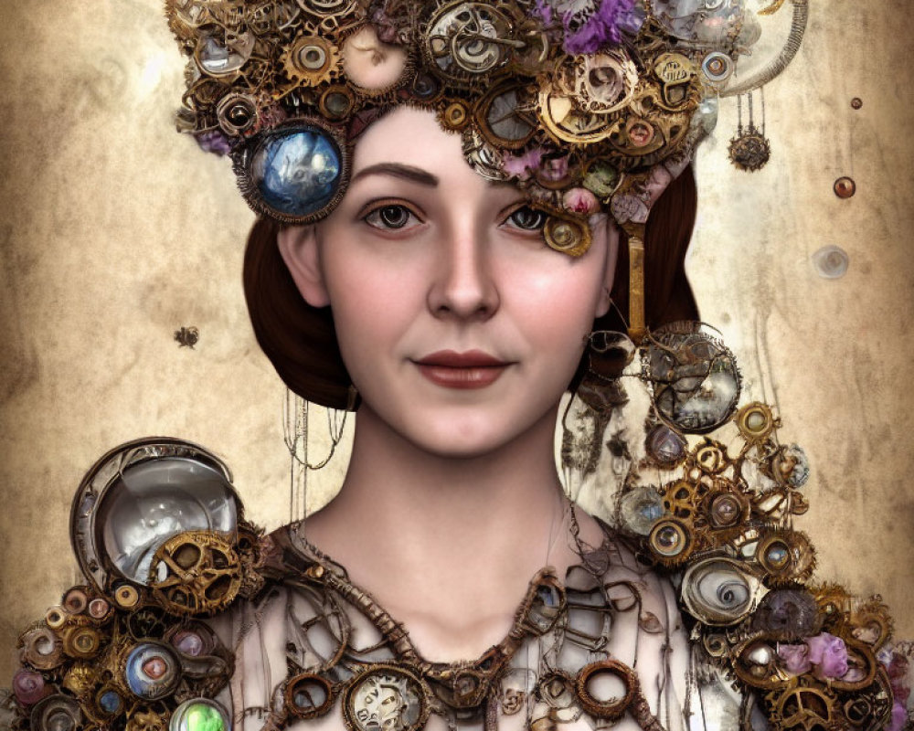 Woman portrait with steampunk headgear and floral details