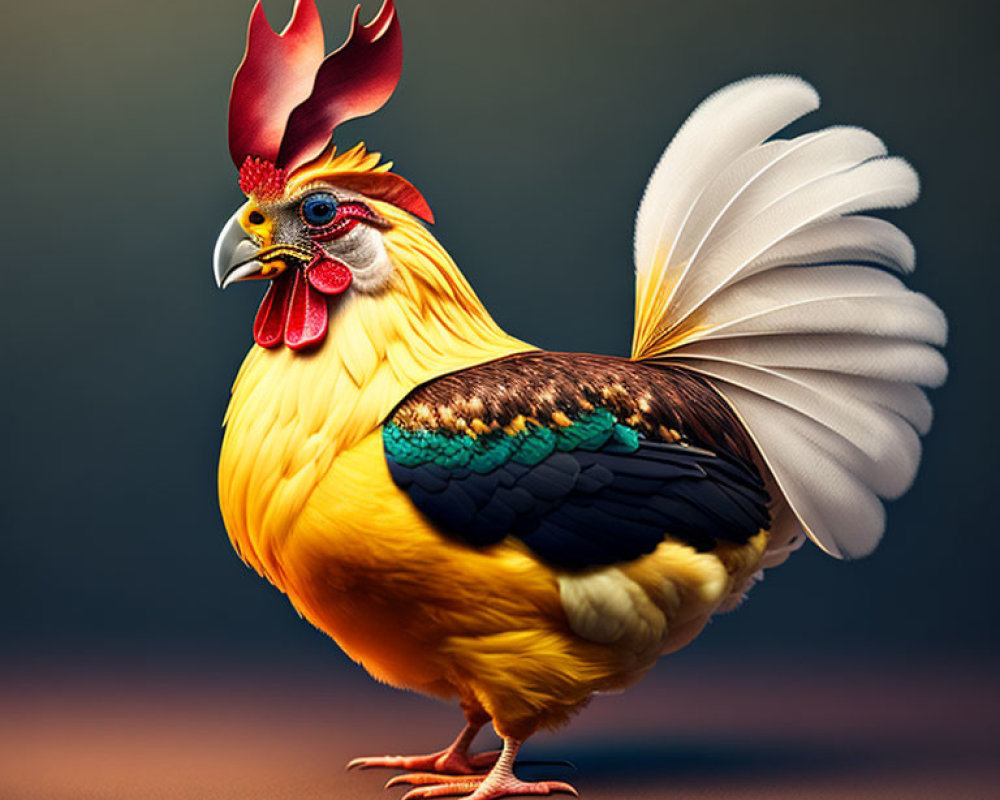 Colorful Stylized Rooster with Golden Body and Intricate Feathers