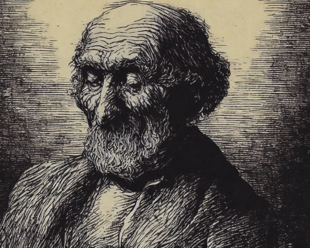 Monochrome etching of elderly man with prominent beard and deep-set eyes