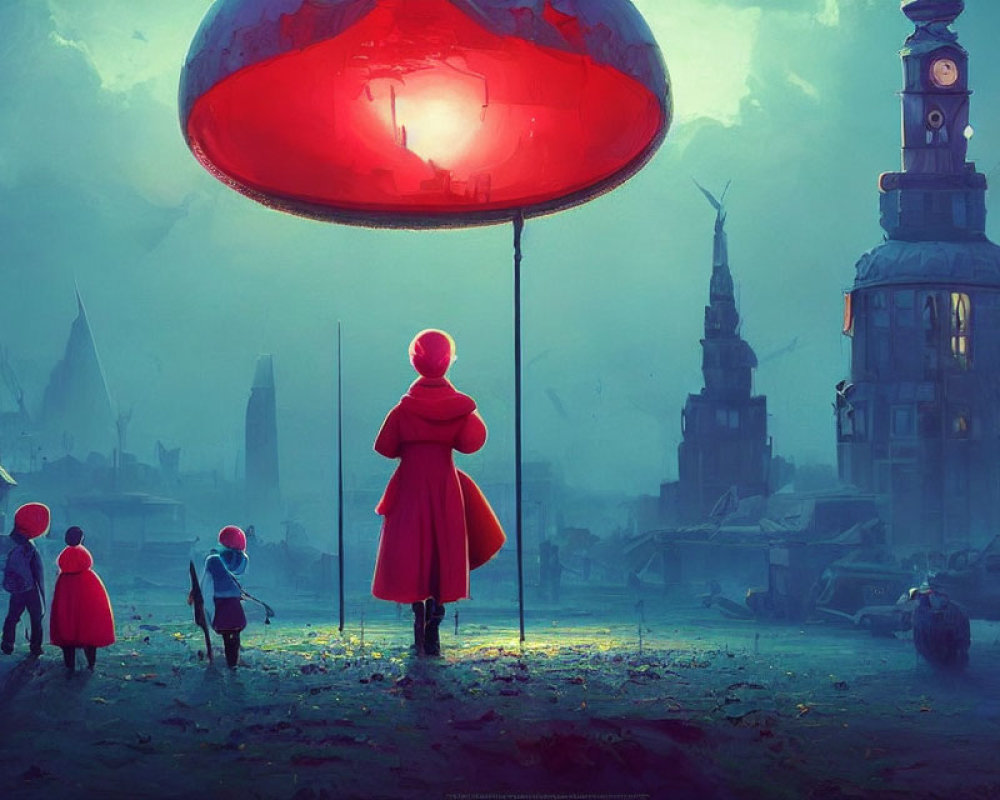 Futuristic cityscape with red floating structure and cloaked figures