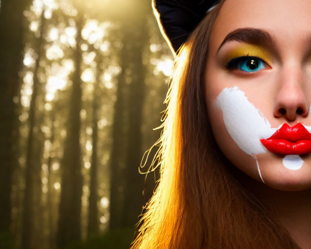 Woman with yellow eyeshadow and red lips in artistic makeup against forest backdrop
