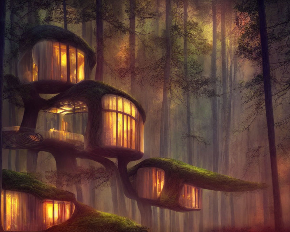 Mystical forest treehouse with glowing windows in hazy light