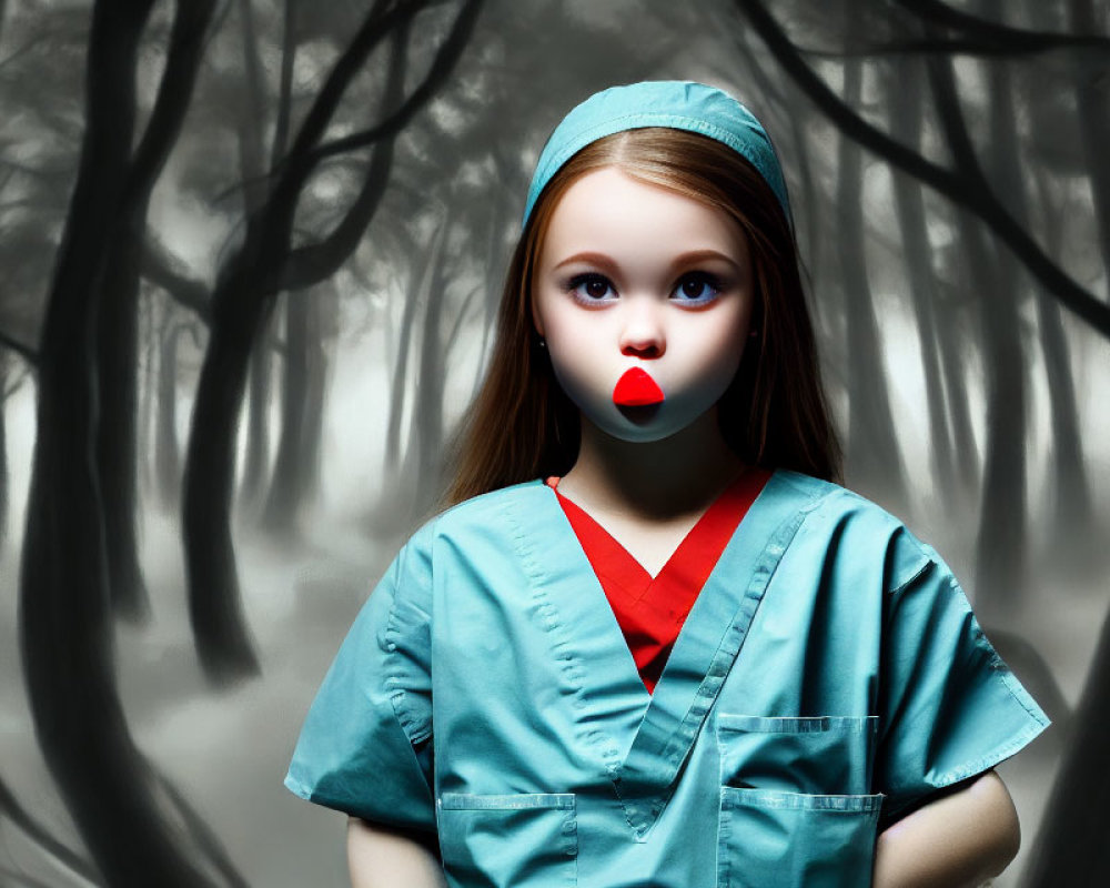 Surreal doll-like figure as nurse in misty forest setting