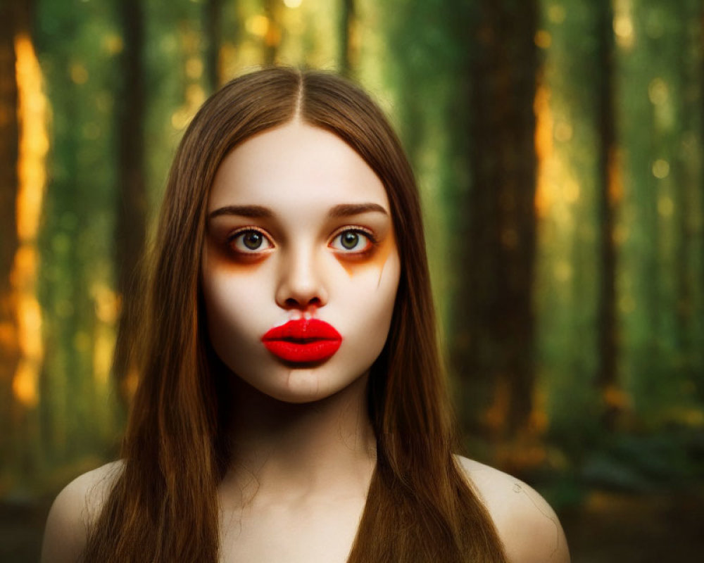 Young woman with oversized eyes and lips against forest backdrop
